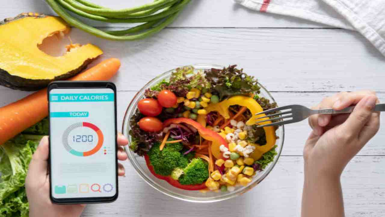 Piatto di insalata e app contacalorie